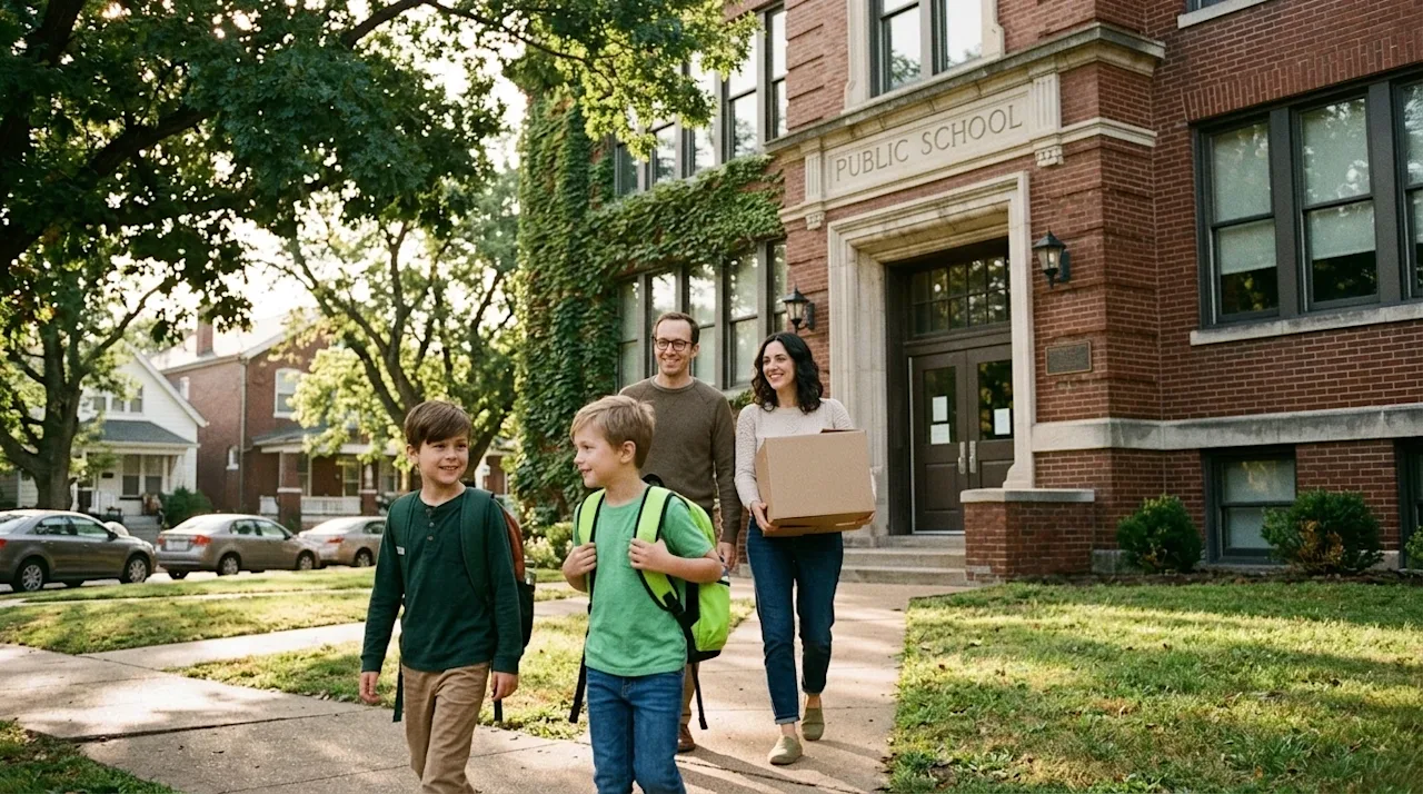 Authentic, candid film-style photography of a family relocating to St. Louis, walking happily toward a classic, historic red-