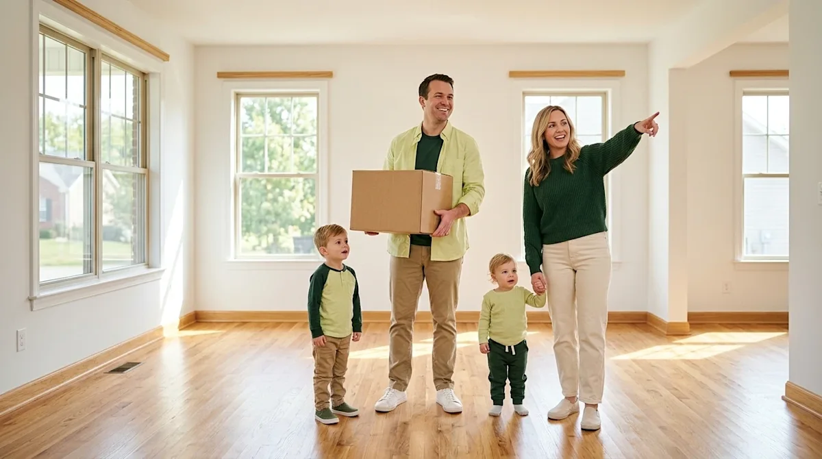 Professional lifestyle marketing photography of a happy family moving into a new suburban home in Murfreesboro. A mother, fat