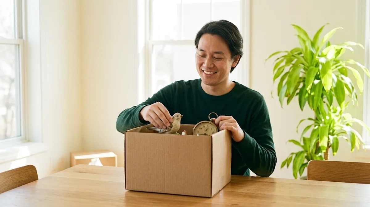 Candid lifestyle photography, 35mm film aesthetic with subtle grain. A serene, mostly decluttered living room filled with war