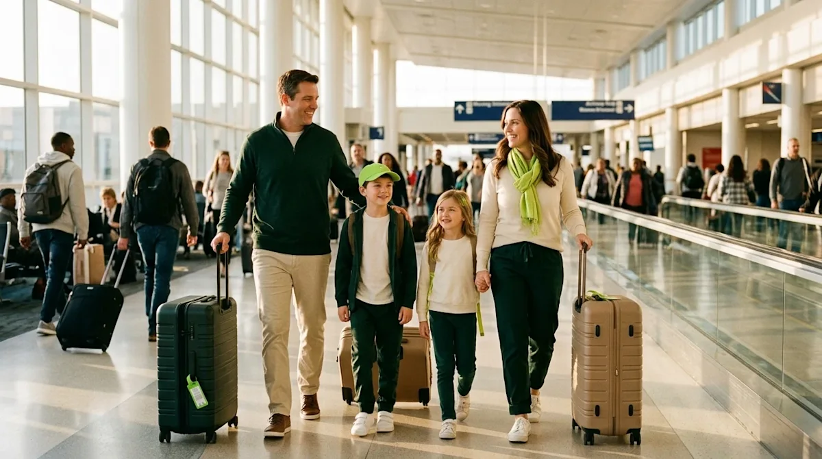 Authentic 35mm film photography of a cheerful family walking through a bright, bustling airport terminal in Atlanta, represen