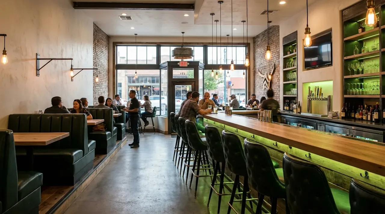 Modern industrial bar in El Paso, Texas featuring hunter green leather seating and rustic wood accents.
