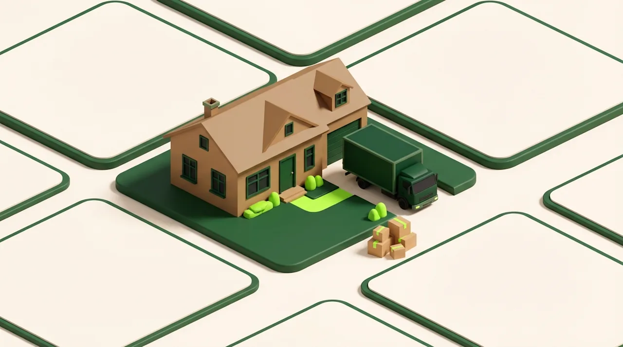 3D isometric house with moving truck on empty lots, illustrating housing inventory scarcity for a moving company.