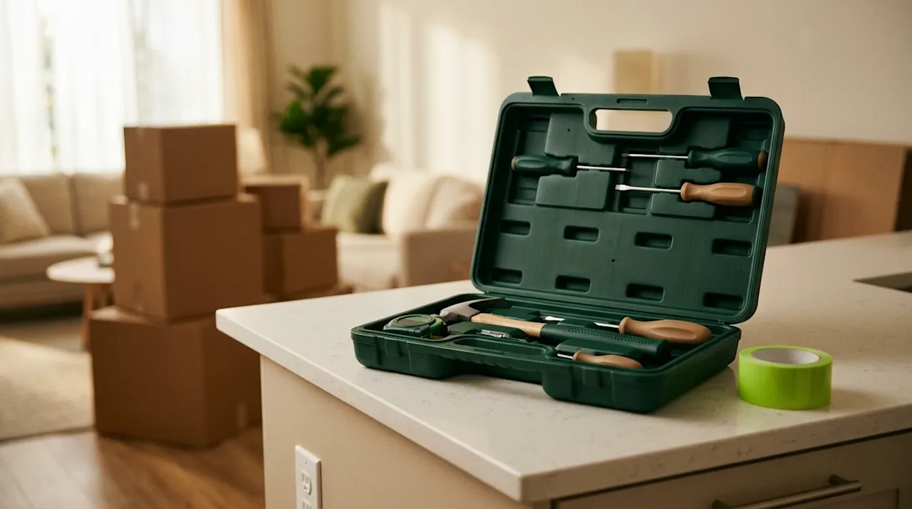 Photograph of an essential home toolkit resting on a light beige kitchen island, including screwdrivers, hammers and tape.
