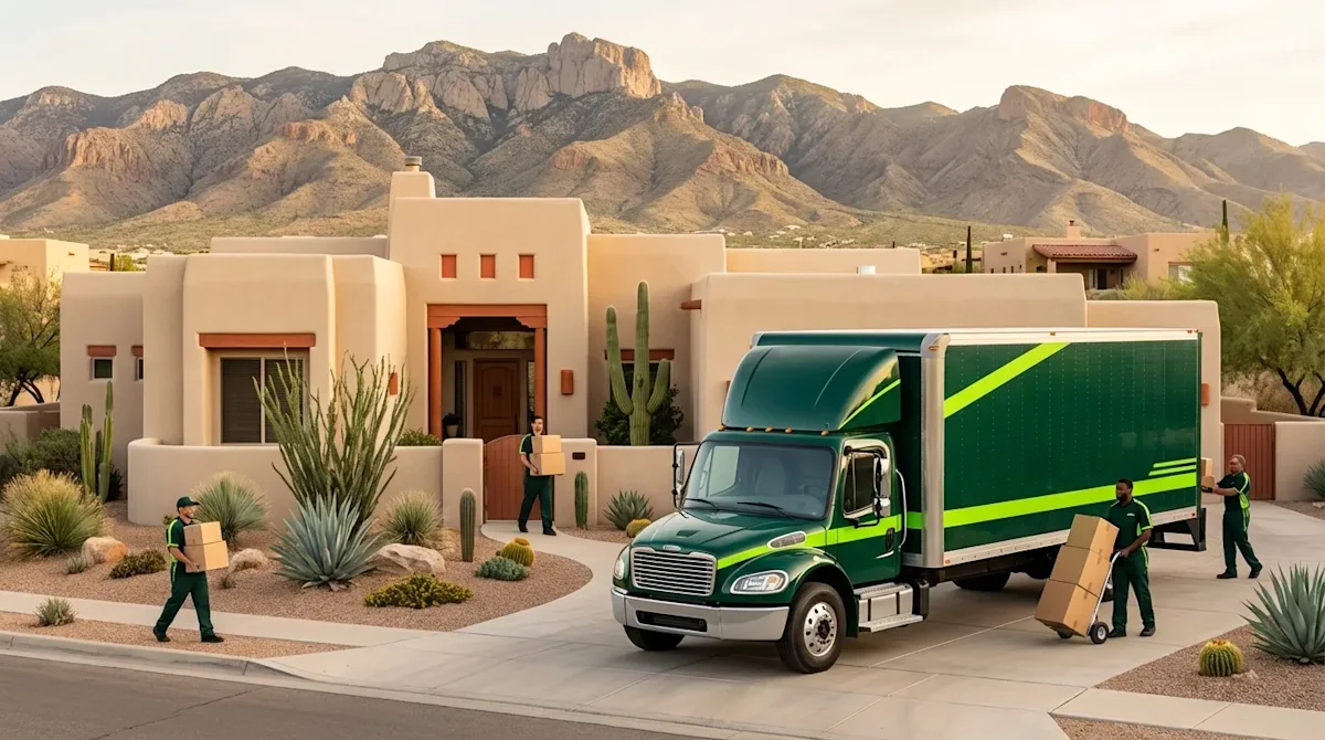 Movers unloading boxes from a green truck at a home in El Paso, Texas, with mountains in the background.