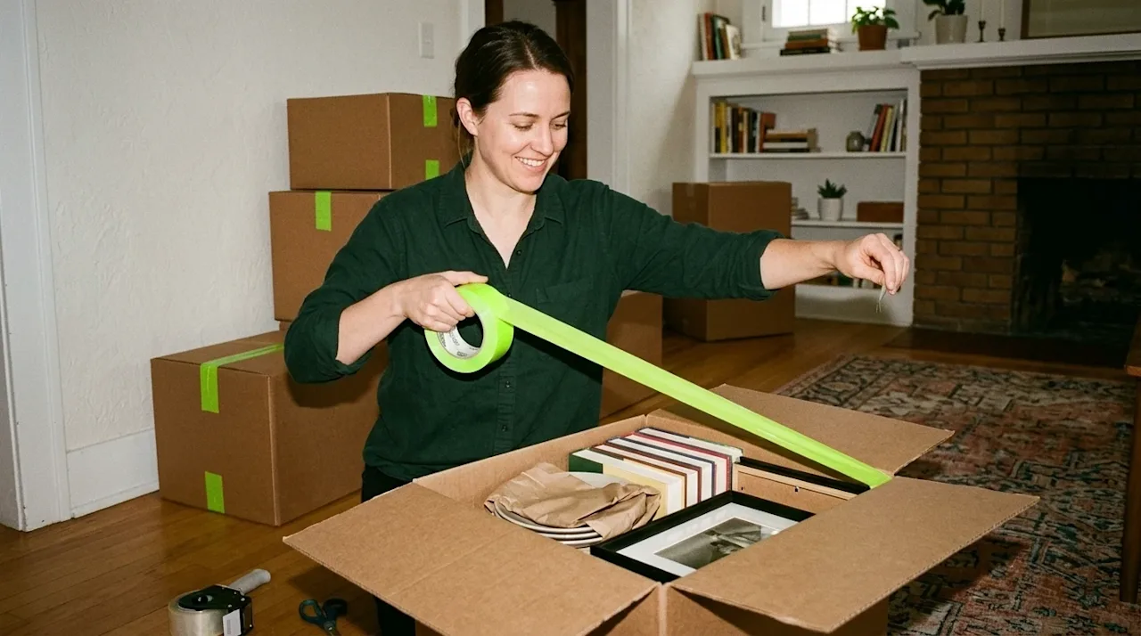 Candid lifestyle snapshot photography of an organized person efficiently packing household items into a kraft paper brown mov