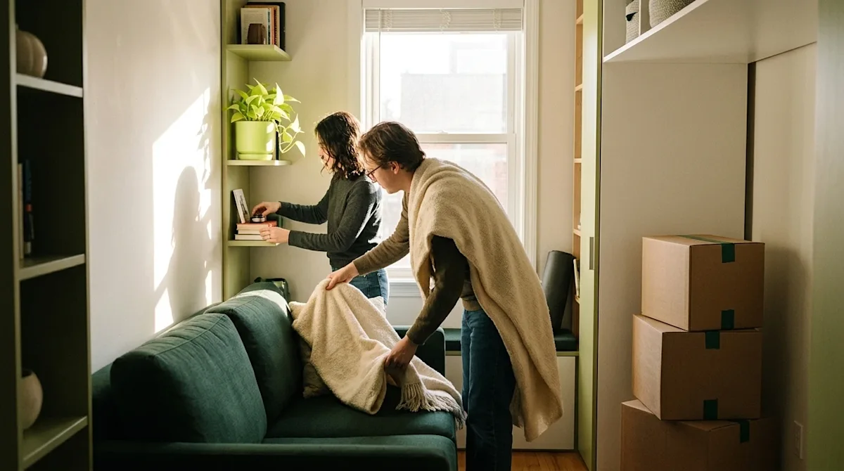 High-quality, candid lifestyle photography of a cozy, cleverly organized small apartment interior during the final stages of
