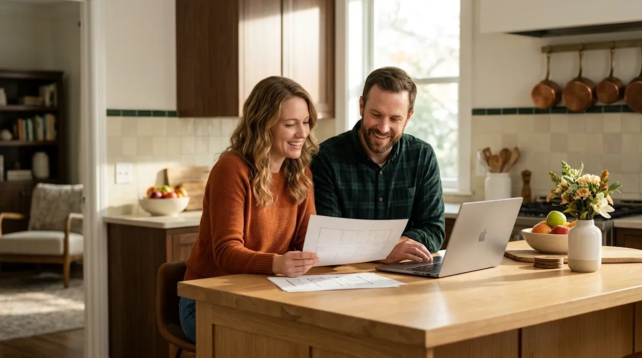 Professional lifestyle photography for a blog hero image depicting the concept of getting ready to buy a home. A joyful coupl