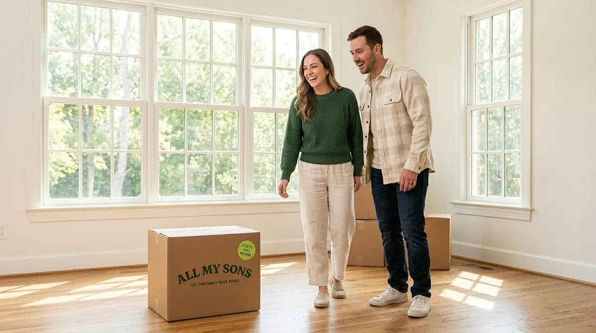 Professional lifestyle marketing photography of a happy couple exploring the bright, sunlit living room of their new home in