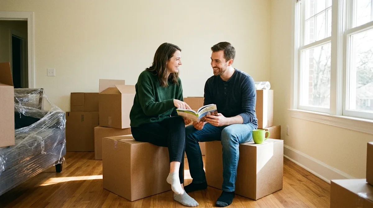 A candid, authentic 35mm film photograph of a happy couple taking a break from unpacking in their new home to plan their firs