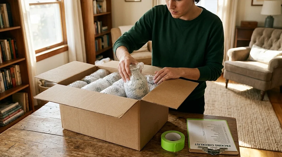Professional marketing photography of a person carefully and neatly packing a kraft brown cardboard moving box in a sunlit, c