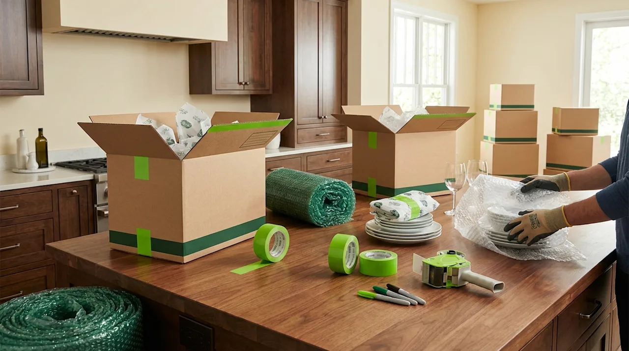 Hands wrapping plates in bubble wrap next to open moving boxes and green tape in a modern kitchen.