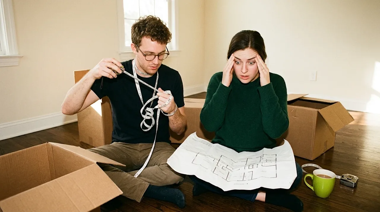 A candid, 35mm film-style photograph of a young couple sitting on the floor of an empty, new living room, looking comically o