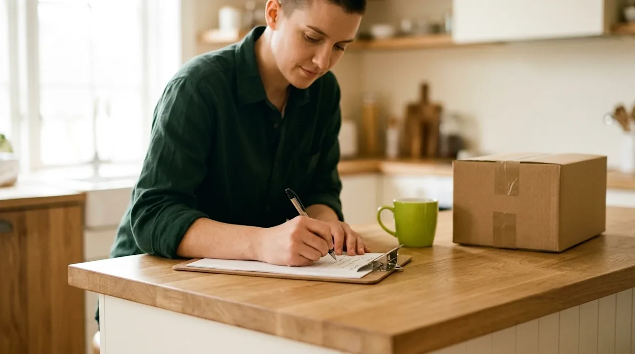 A warm, lifestyle photograph of a person sitting at a home kitchen island, carefully writing a checklist on a wooden clipboar