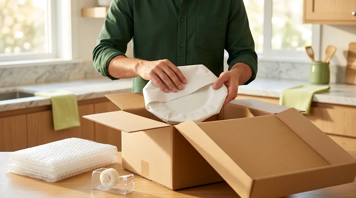 Professional marketing photography demonstrating a careful packing technique inside a bright, modern residential home. A pers