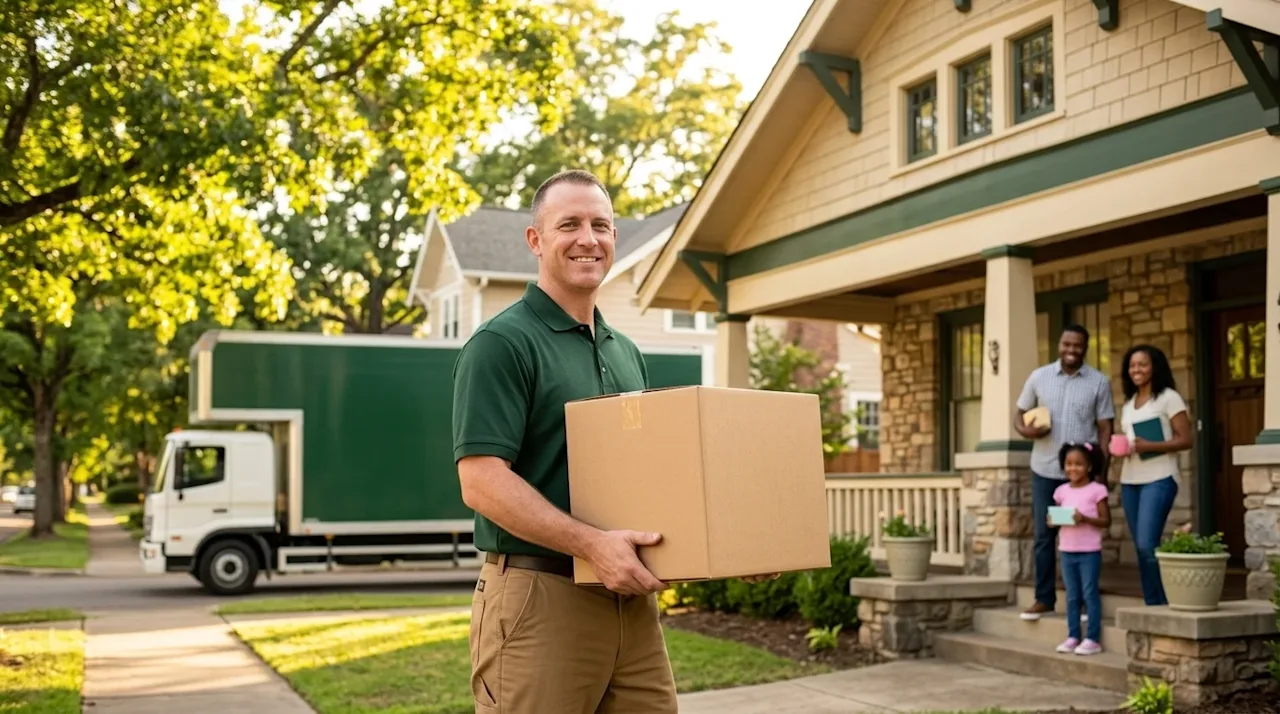 Professional marketing photography of a friendly moving professional helping a family settle into a charming, classic souther