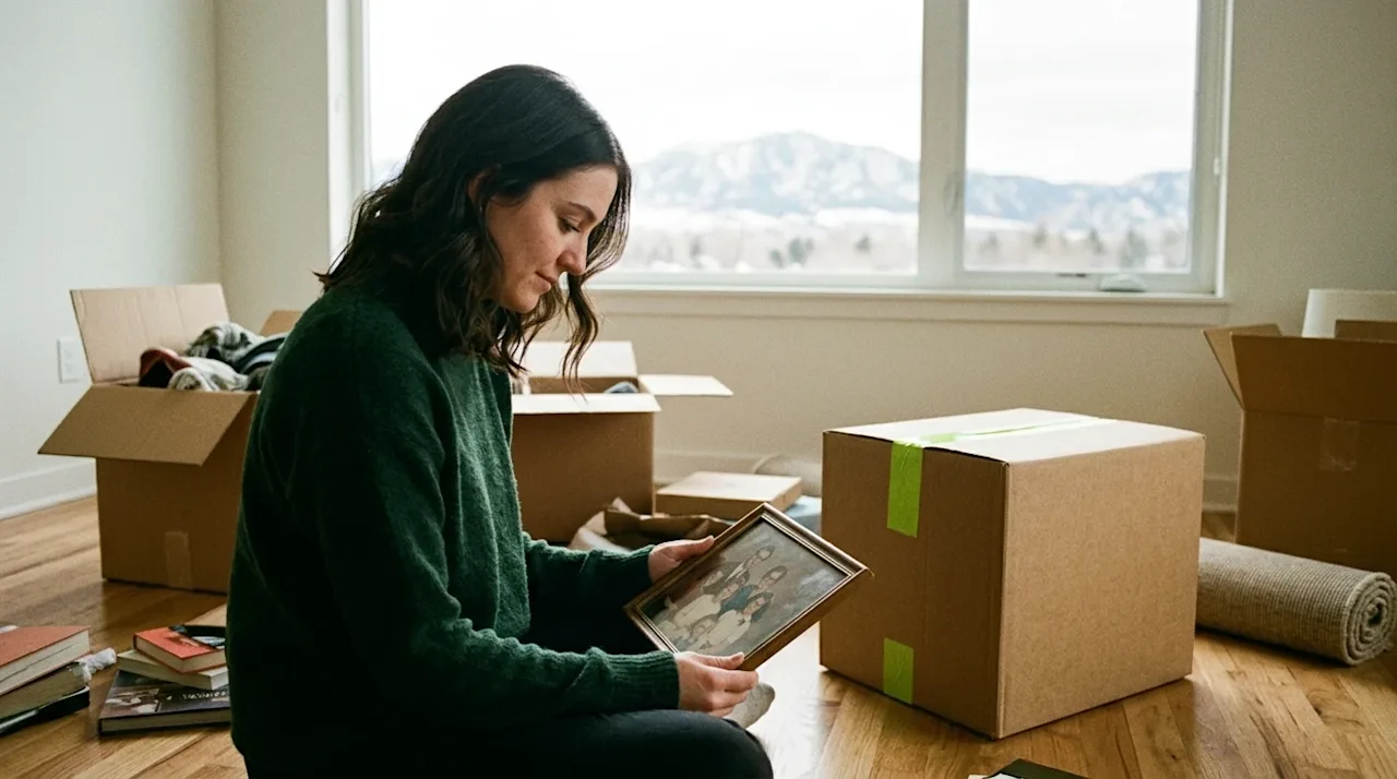 Nostalgic 35mm film photography of a young woman sitting on the hardwood floor of a partially unpacked living room in her new
