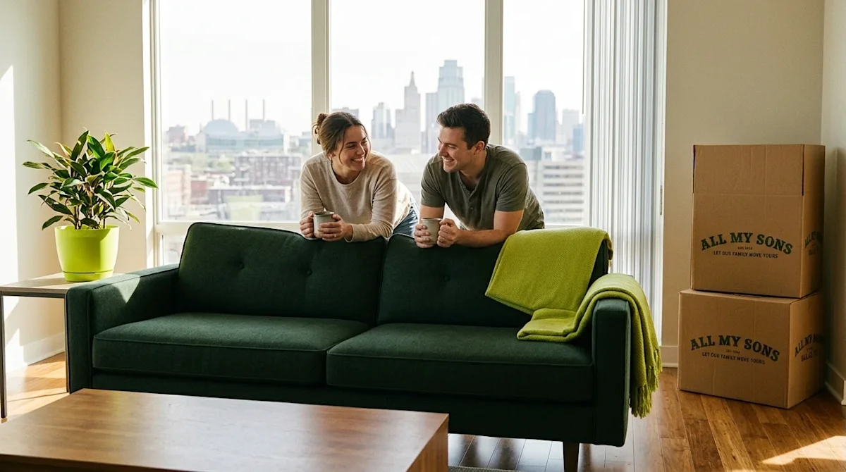 Candid lifestyle photography, 35mm film aesthetic. A bright, modern condo living room interior with large windows overlooking