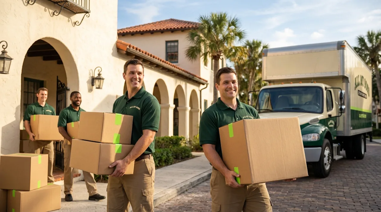 Professional movers in green uniforms carrying boxes in front of historic St. Augustine Spanish Colonial architecture.