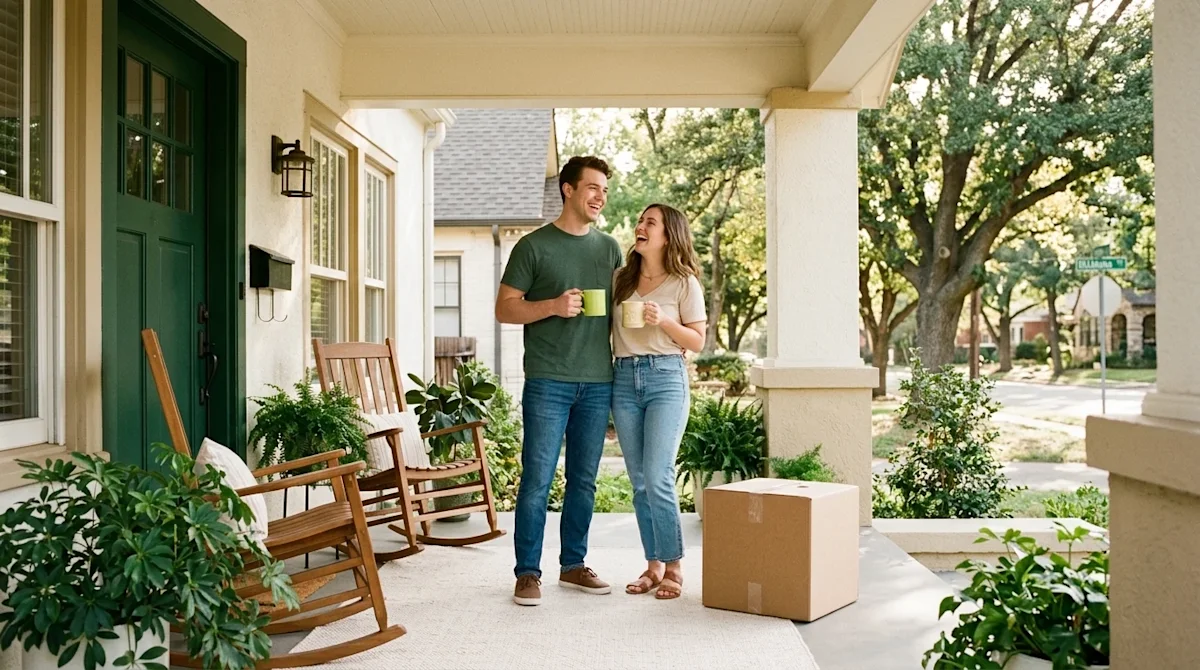 Professional marketing photography of a smiling young couple taking a relaxed break from moving, standing on the welcoming fr