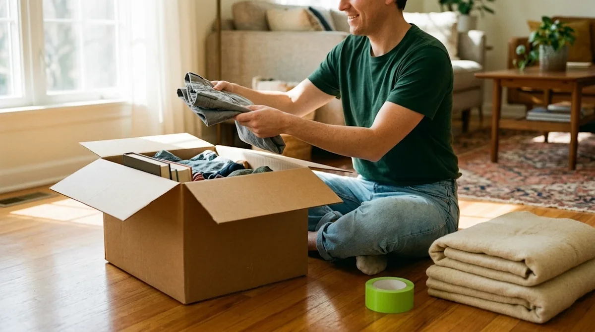 Authentic lifestyle photography of a person sitting on a warm hardwood floor in a sunlit, cozy home living room, actively dec