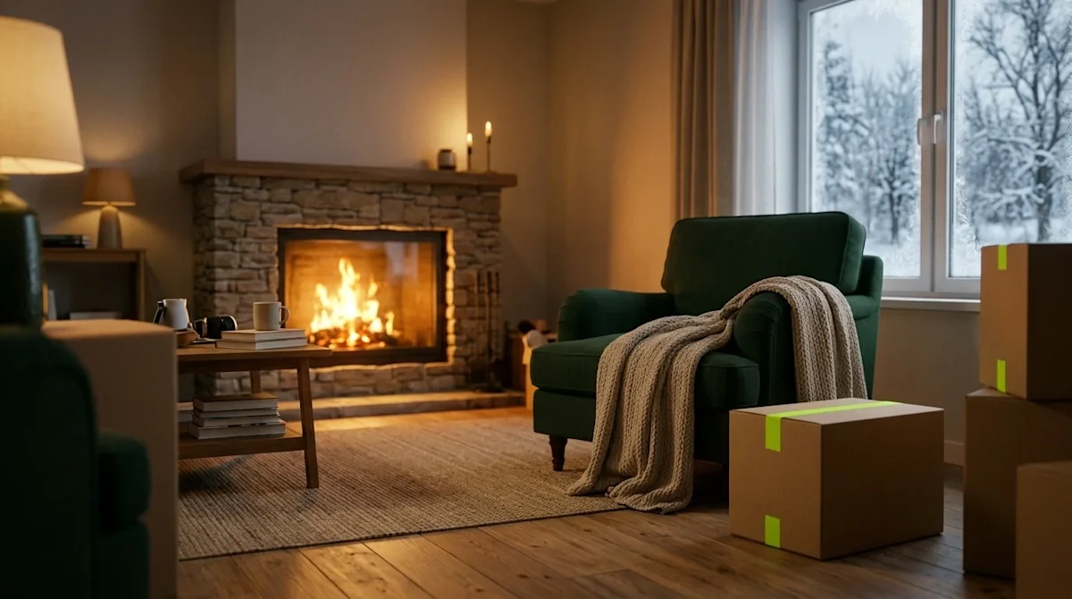 High-quality lifestyle photography of a cozy, warm living room during winter, capturing a feeling of settling into a new home