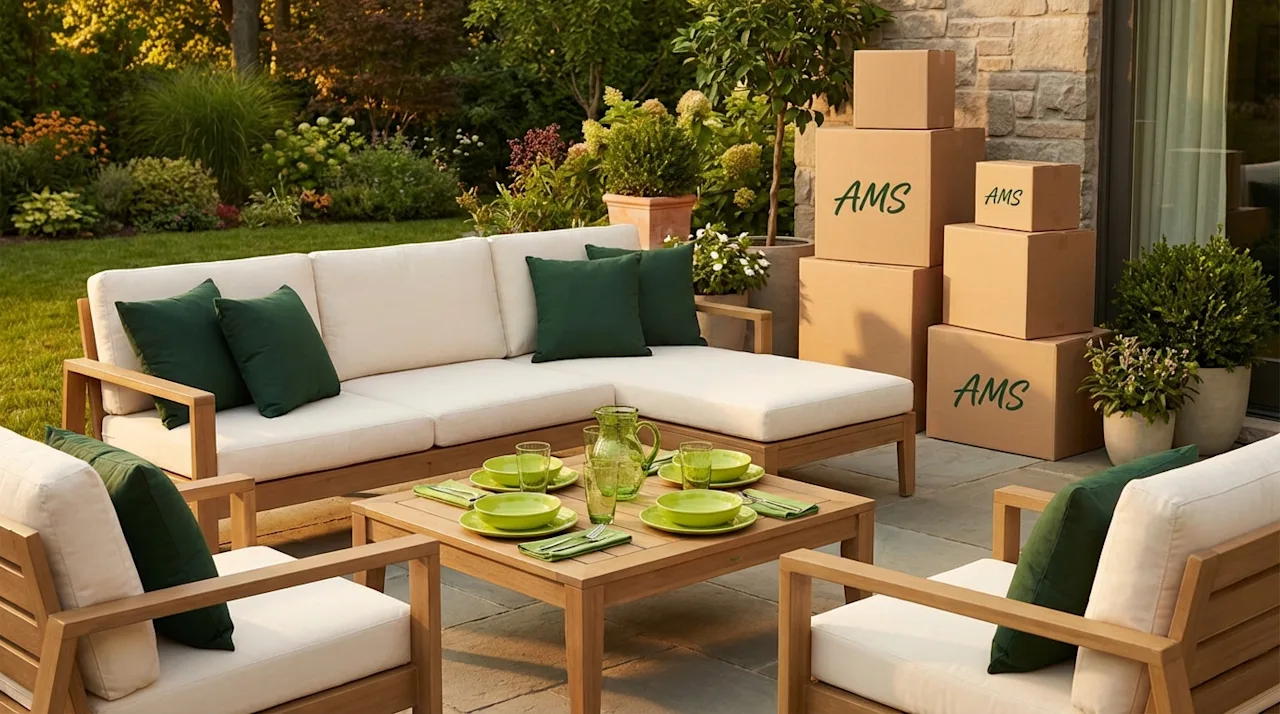 All My Sons Moving Company boxes on a modern patio with cream and green outdoor furniture at golden hour.