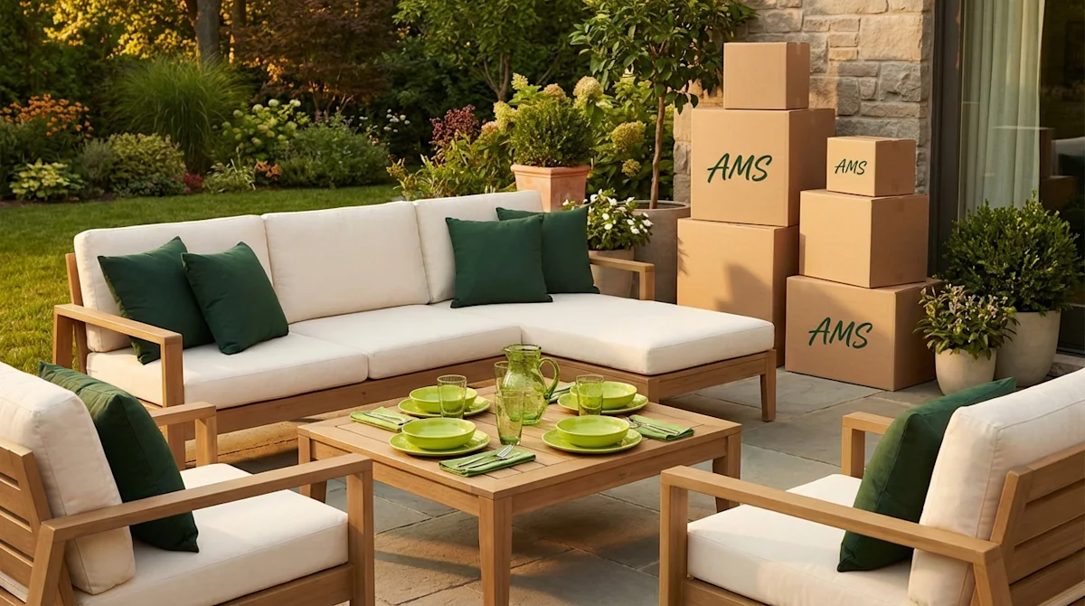 All My Sons Moving Company boxes on a modern patio with cream and green outdoor furniture at golden hour.