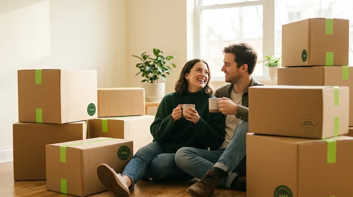 A lifestyle photography shot conveying a stress-free and organized moving day. A relaxed, smiling young couple sits comfortab