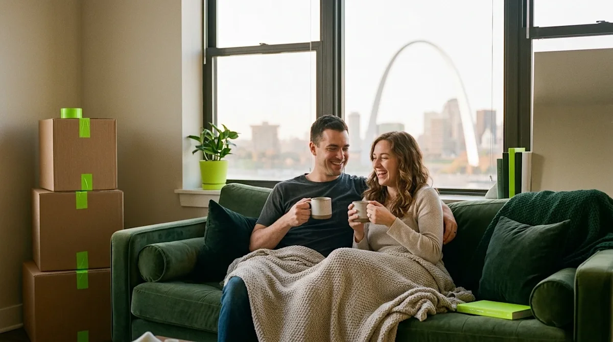 Candid lifestyle photography of a happy couple relaxing and smiling with mugs of coffee on a comfortable sofa in their new, warm, living room.