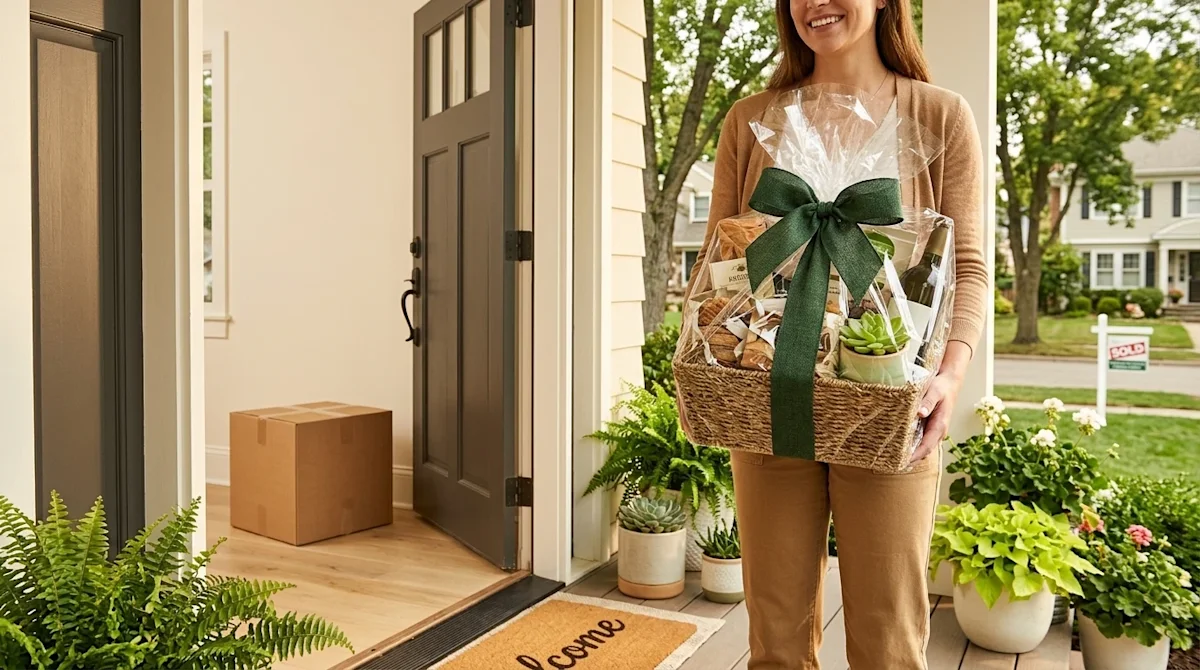 Professional marketing lifestyle photography of a welcoming neighborhood scene. A person stands on a sunlit front porch holdi