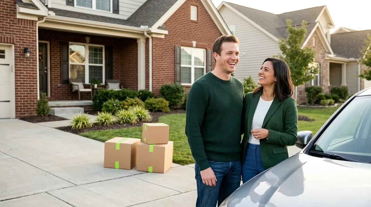 Clear, professional marketing photography of a happy couple standing beside a shiny new car parked in the driveway of their b