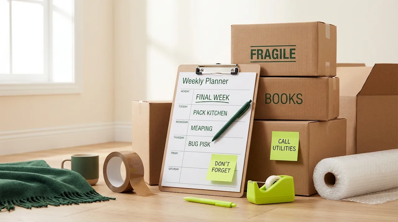 Organized moving preparation scene with a weekly planner, labeled cardboard boxes, and packing supplies.