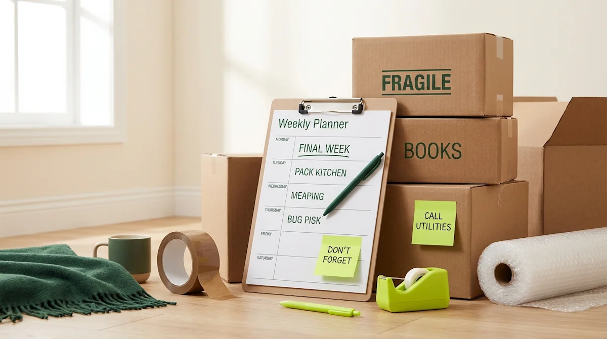 Organized moving preparation scene with a weekly planner, labeled cardboard boxes, and packing supplies.