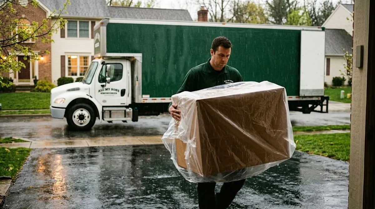 Candid, documentary-style 35mm lifestyle photography of a residential move on a rainy day. A professional mover wearing a dar