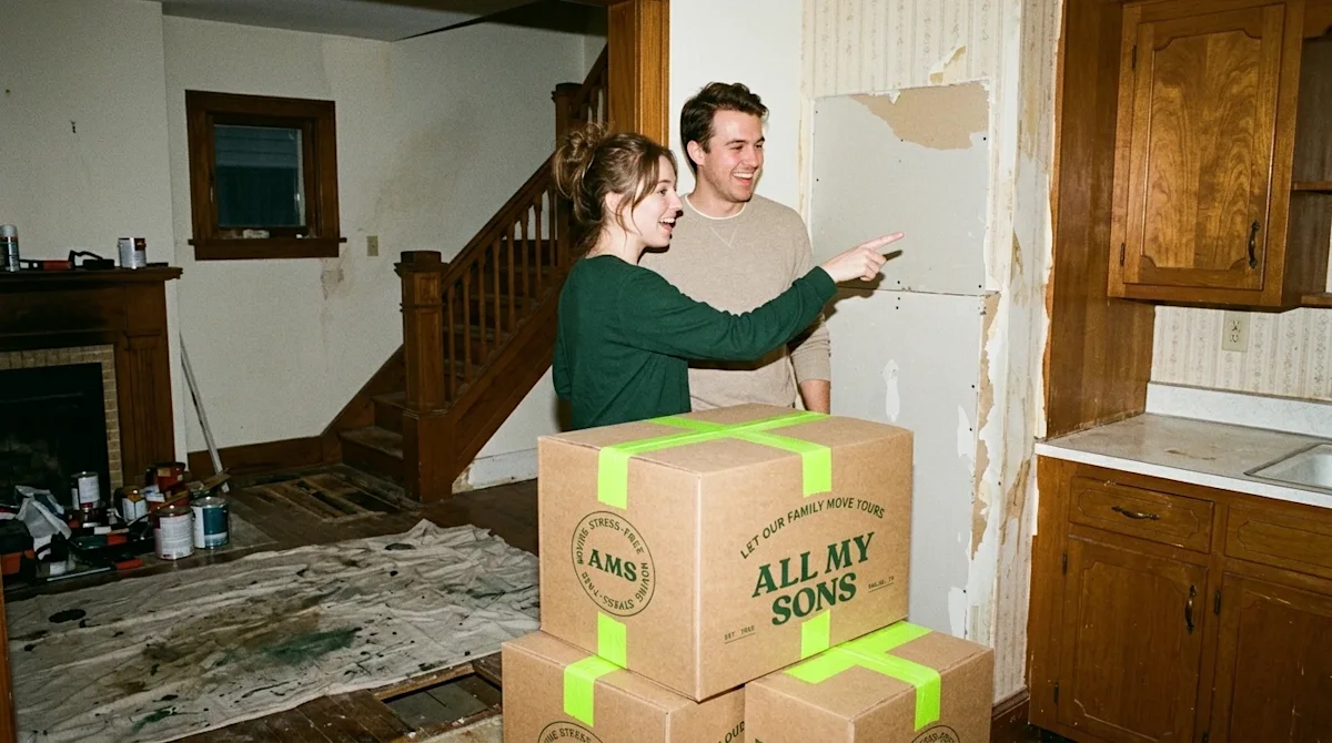 Candid 35mm film photography of a happy young couple standing inside a fixer-upper home, looking around excitedly at their ne