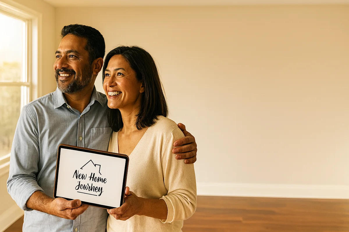 Smiling couple happily embarking on their new home journey, holding a tablet; signifies stress-free residential moving with trusted professional movers.