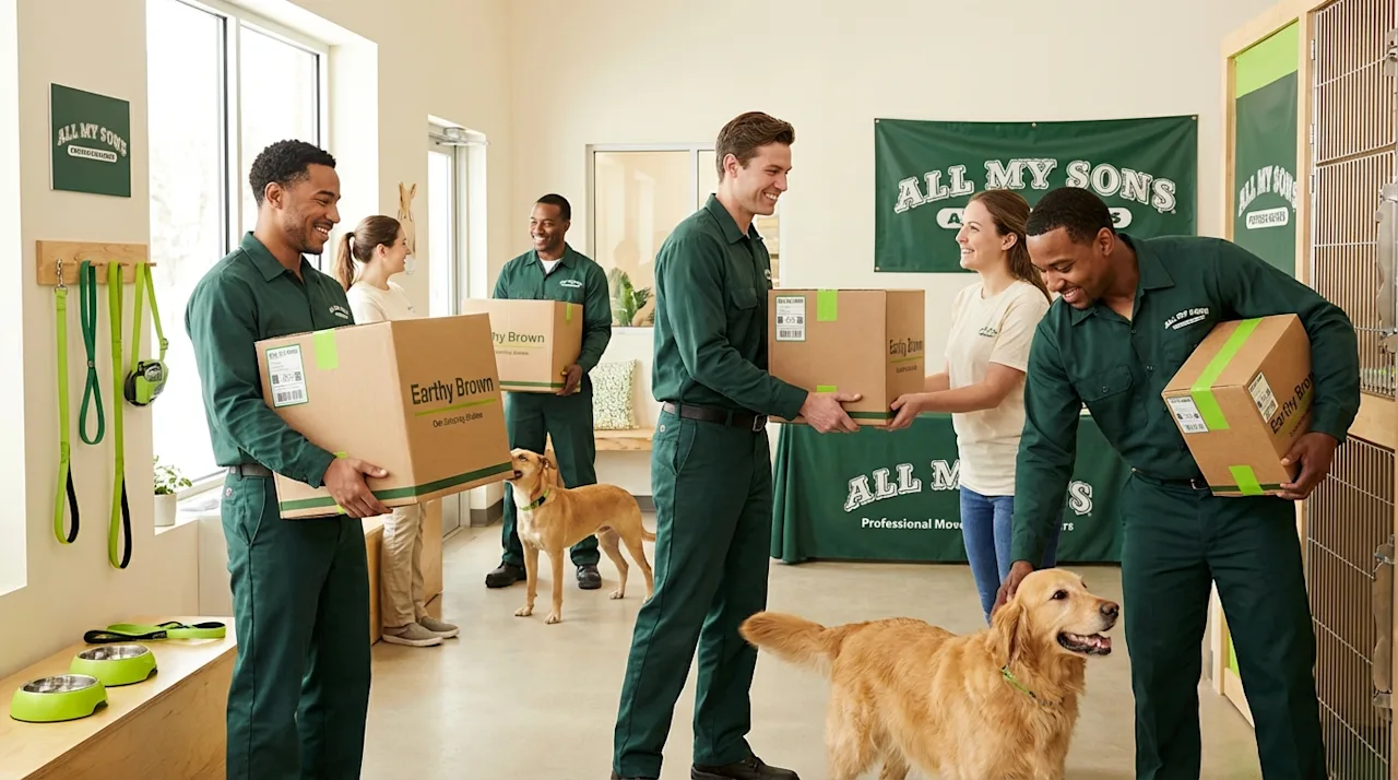 All My Sons movers delivering charitable donations to an animal shelter and interacting with happy dogs.