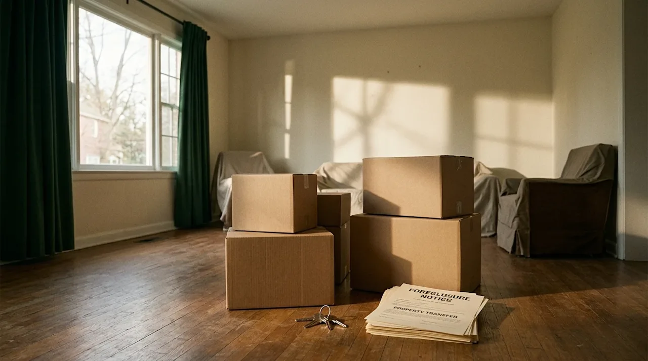 Candid, high-quality lifestyle photography of a home interior in the midst of a move, representing a foreclosure transition.
