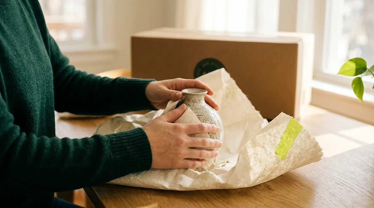 A person in a green sweater carefully wraps a fragile ceramic vase in cream packing paper for moving.