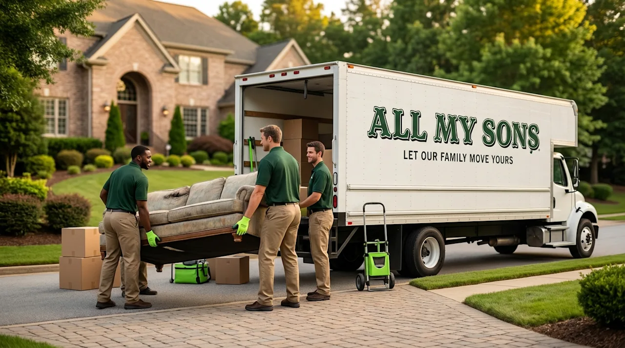 Professional All My Sons movers loading a couch and boxes into a truck in an upscale suburban driveway.