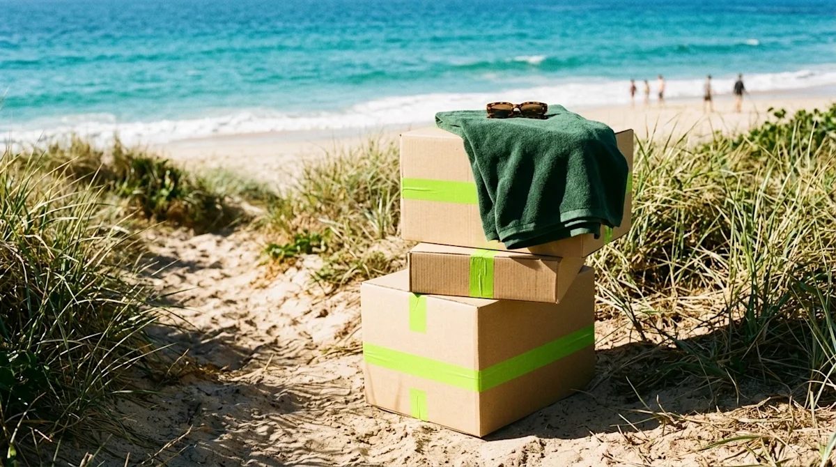 A stunning 35mm film lifestyle photograph of a stack of tan cardboard moving boxes resting on a sunlit sandy path leading dow