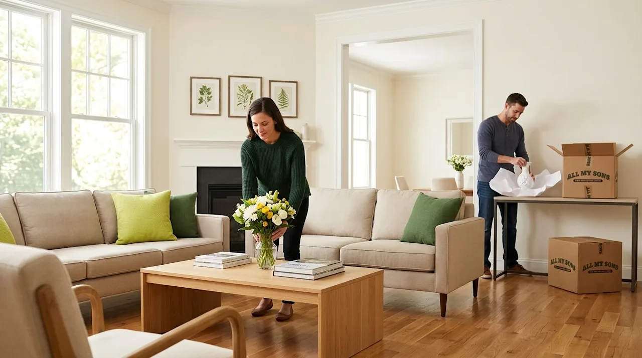 Professional marketing photography of a bright, beautifully staged, and airy modern living room, capturing the process of get