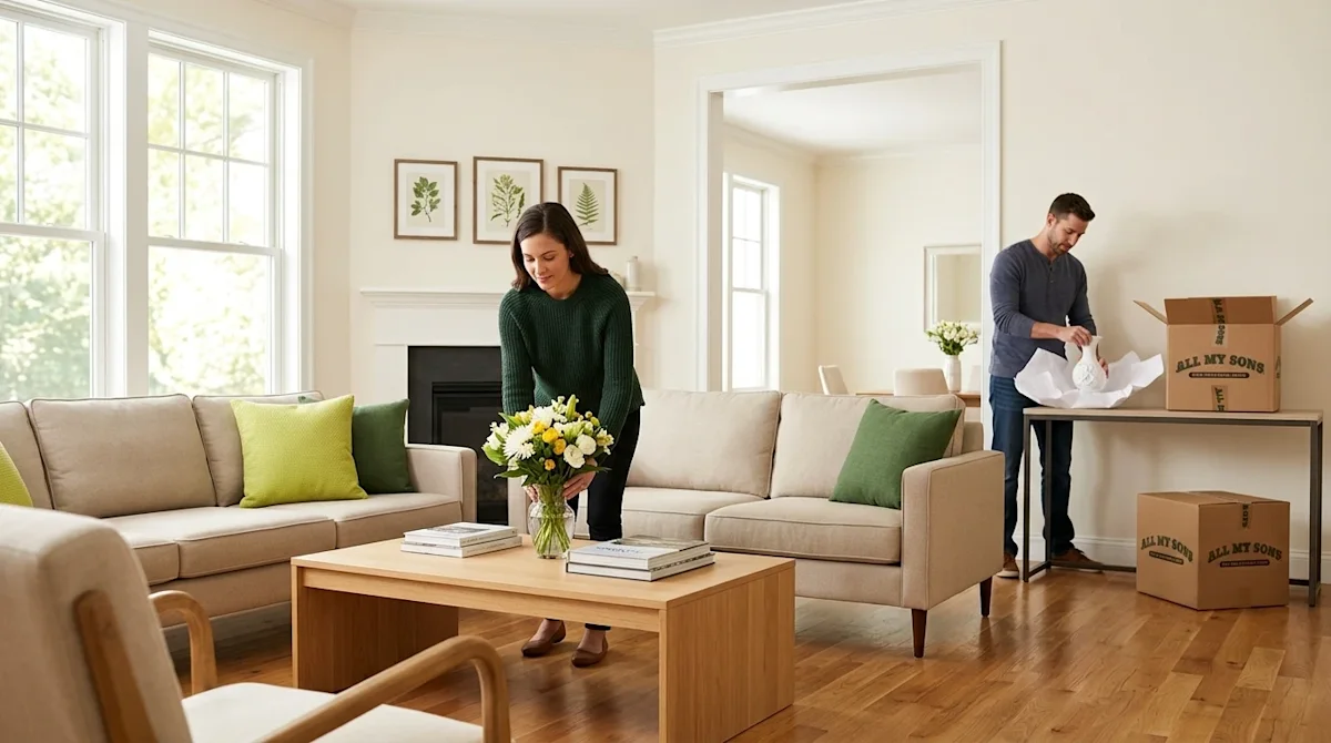 Professional marketing photography of a bright, beautifully staged, and airy modern living room, capturing the process of get