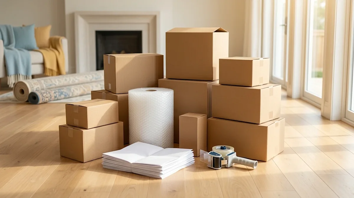 Professional lifestyle photography of premium packing supplies neatly arranged on a clean hardwood floor in a sunlit, elegant