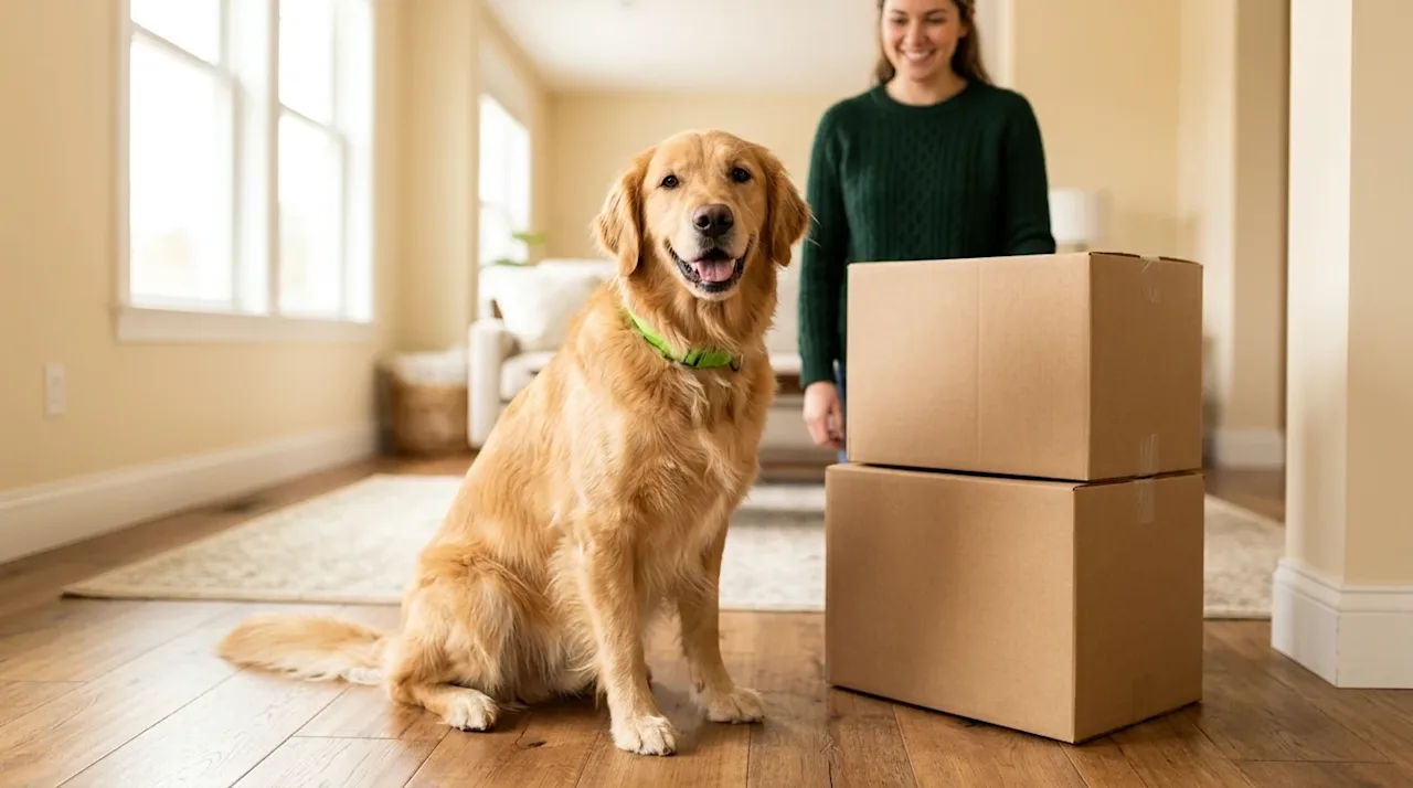 Professional marketing lifestyle photography of a friendly Golden Retriever dog sitting happily on hardwood floors inside a b