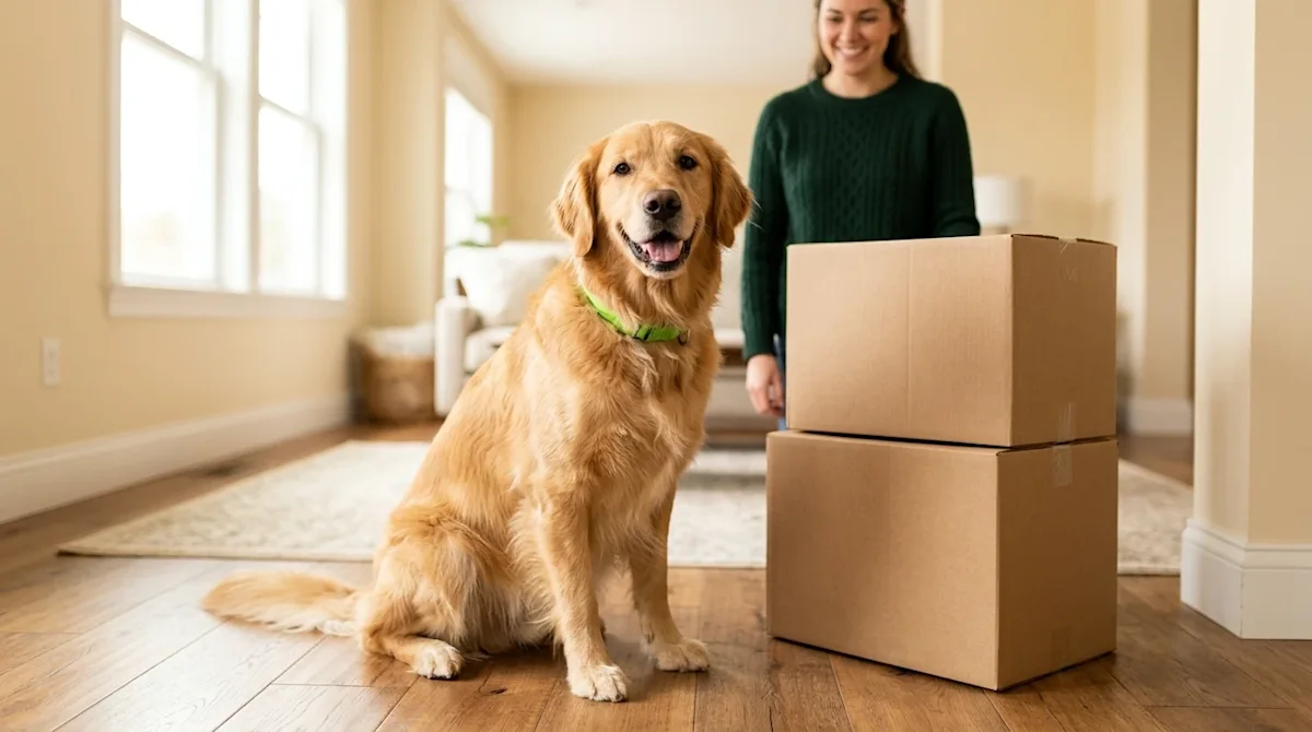 Professional marketing lifestyle photography of a friendly Golden Retriever dog sitting happily on hardwood floors inside a b