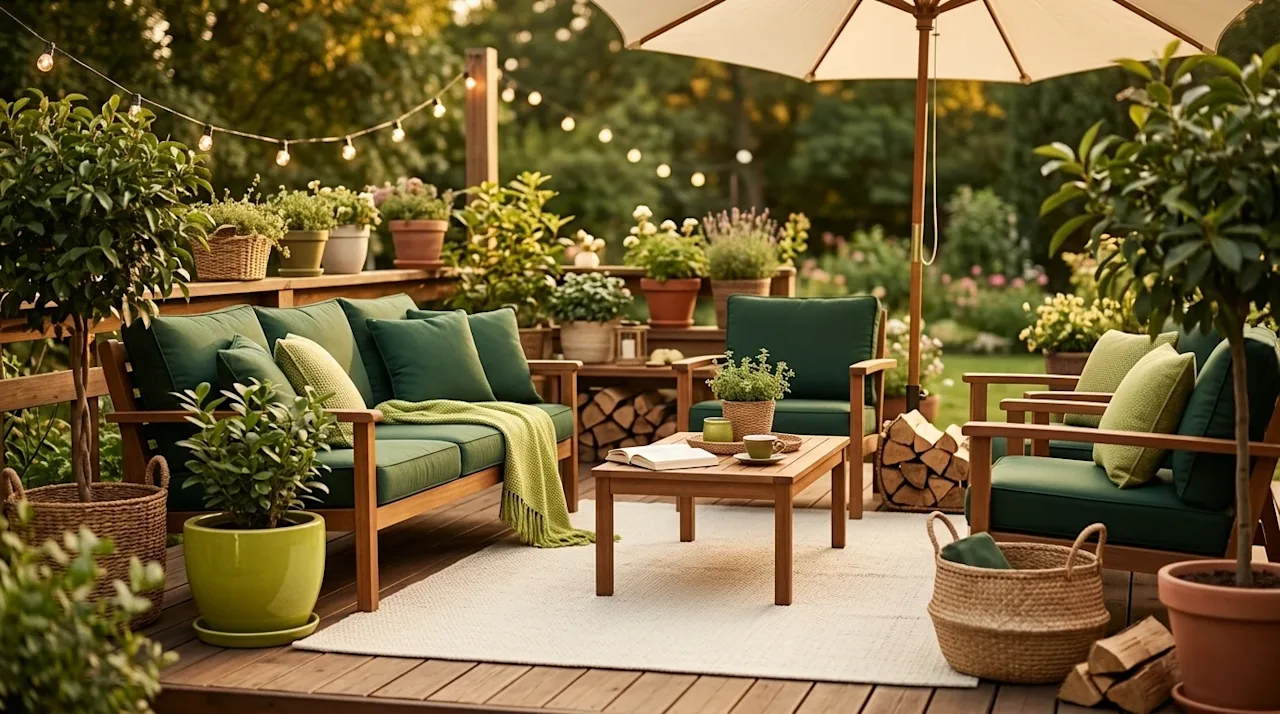 Professional marketing photography of a beautifully styled, inviting outdoor patio space, perfect for a lifestyle blog hero i