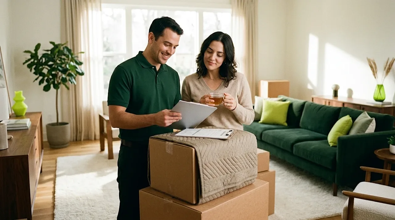 Candid editorial lifestyle photography of a professional mover and a relaxed homeowner in a warm, sunlit living room, conveyi