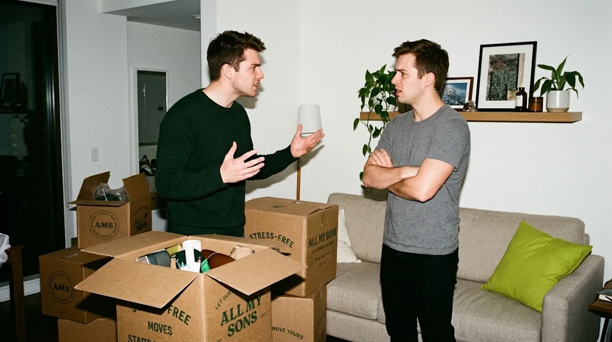 Candid, authentic 35mm film photography of two young adult roommates having a tense, stressful argument in a modern apartment