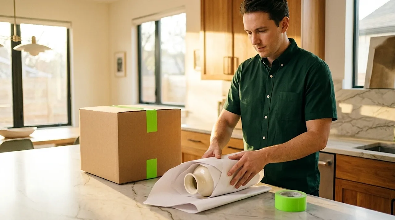 Professional marketing photography, eye-level shot of a bright, warm, modern home interior bathed in natural Texas sunlight.